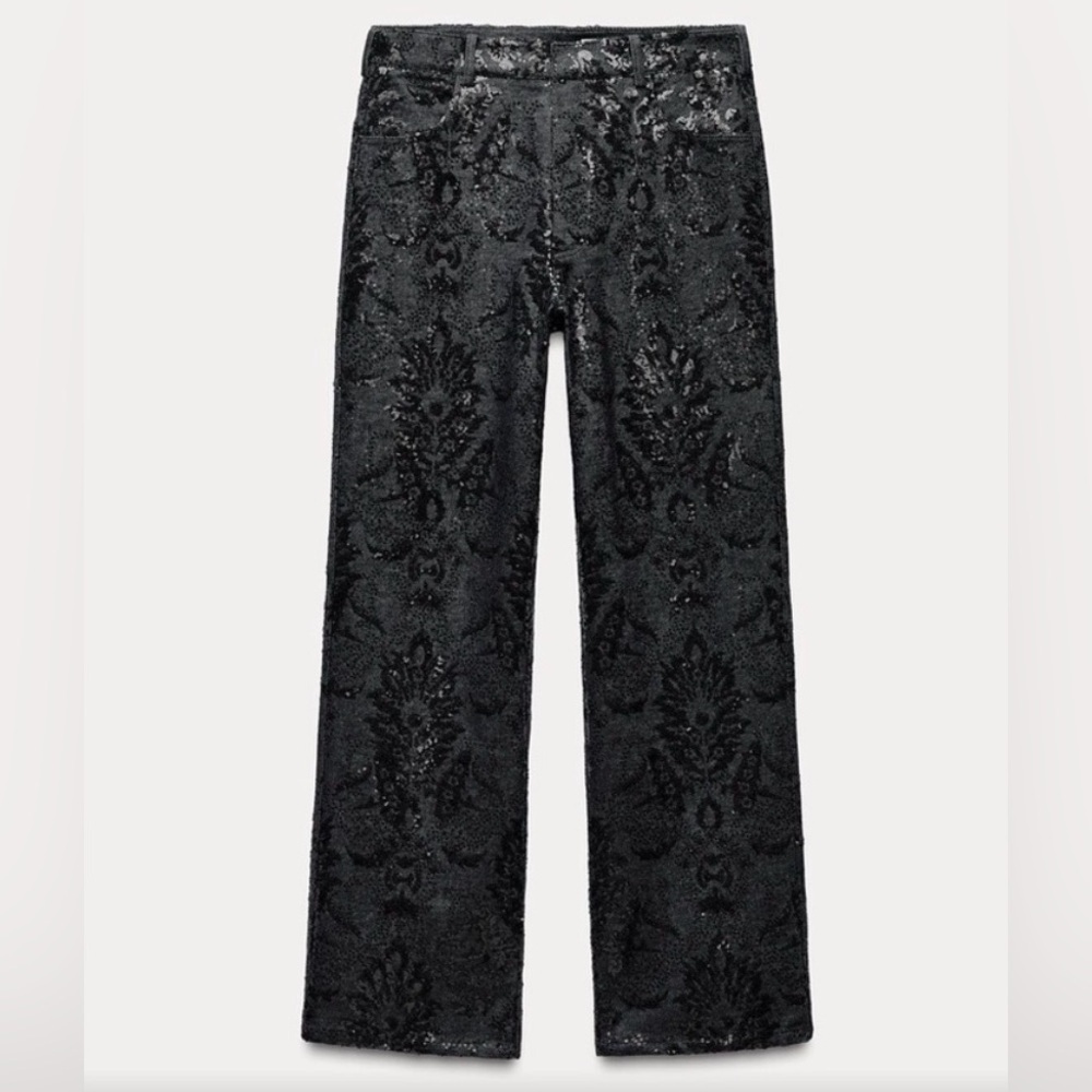 ZARA STRAIGHT CUT SEQUIN DENIM pattern JEANS SIZE 2/26 blogger favorite black